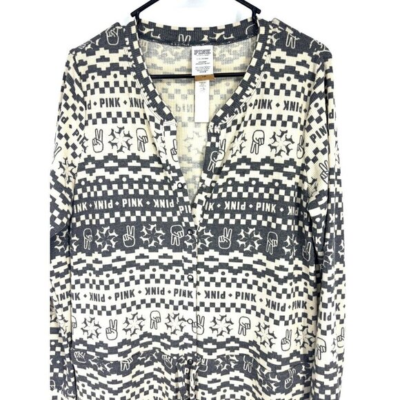 NWT Victoria's Secret Peace Sign PINK Thermal Pajama Onesie Grey Cream L - Picture 5 of 8